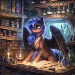 Size: 2048x2048 | Tagged: safe, ai content, derpibooru import, generator:easyfluff, machine learning generated, princess luna, alicorn, pony, alchemy, belly, belly button, book, bookshelf, female, hooves on the table, jewelry, mare, potion, prompter:mr-bat, smiling, spread wings, wings