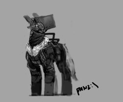 Size: 1200x1000 | Tagged: safe, artist:panzery25, derpibooru import, oc, oc only, earth pony, pony, clothes, helmet, monochrome, science fiction, simple background, solo