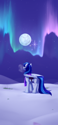 Size: 1440x3088 | Tagged: safe, alternate version, artist:nika-rain, derpibooru import, oc, oc only, oc:snowflake flower, pegasus, pony, aurora borealis, clothes, cute, desktop background, female, mare in the moon, moon, night, scarf, snow, solo, striped scarf, wallpaper, winter