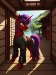 Size: 960x1280 | Tagged: safe, ai content, derpibooru import, generator:stable diffusion, machine learning generated, oc, oc only, oc:jackie pie, pony, unicorn, fallout equestria, armor, clothes, detailed background, green eyes, japanese, lake, male, medium detailed, medium quality ai content, prompter:jackiepie, purple hair, purple mane, purple tail, red fur, red skin, samurai, solo, stallion, standing, tail, water