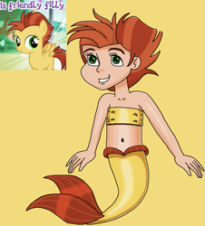 Size: 783x868 | Tagged: safe, artist:ocean lover, derpibooru import, hyper sonic, lemon crumble, human, mermaid, pegasus, bandeau, bare midriff, bare shoulders, belly, belly button, brown hair, child, cute, female, fins, fish tail, friendship student, green eyes, happy, human coloration, humanized, light skin, looking up, mermaid tail, mermaidized, midriff, ms paint, reference, reference sheet, short hair, simple background, sleeveless, solo, species swap, swimming, tail, tail fin, two toned hair, yellow background, yellow tail