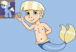 Size: 972x664 | Tagged: safe, artist:ocean lover, derpibooru import, water spout, human, pegasus, amber eyes, bare shoulders, belly, belly button, blue background, blue tail, child, cute, fins, fish tail, friendship student, golden eyes, human coloration, humanized, light skin, looking at you, male, merboy, mermaid tail, merman, ms paint, reference, reference sheet, simple background, sleeveless, solo, species swap, swimming, tail, tail fin, two toned hair, waving, waving at you, yellow hair