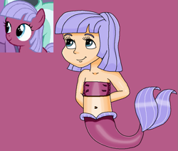 Size: 889x754 | Tagged: safe, artist:ocean lover, derpibooru import, gooseberry, earth pony, human, mermaid, arm behind back, bandeau, bare midriff, bare shoulders, belly, belly button, blue eyes, blue hair, cheerful, child, cute, female, fins, fish tail, friendship student, happy, human coloration, humanized, innocent, light skin, looking at something, mermaid tail, mermaidized, midriff, ms paint, purple background, purple tail, reference, reference sheet, short hair, simple background, sleeveless, solo, species swap, swimming, tail, tail fin