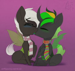 Size: 1159x1100 | Tagged: safe, artist:airfly-pony, derpibooru import, oc, oc only, oc:emerald ink, oc:jack sunshine, changeling, 2021, blue blush, blushing, changeling oc, chibi, clothes, digital edit, duo, duo male, eyes closed, french kiss, gay, green blush, green changeling, horn, kissing, male, multicolored mane, oc x oc, patreon, patreon reward, scarf, shipping, sitting, traditional art