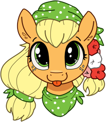 Size: 1886x2170 | Tagged: safe, artist:whiskeypanda, derpibooru import, applejack, earth pony, pony, :p, alternate hairstyle, bandana, bust, cute, female, flower, flower in hair, jackabetes, looking at you, mare, simple background, smiling, smiling at you, tongue, tongue out, transparent background