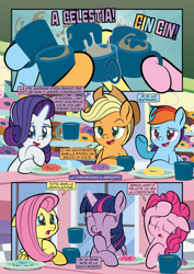 Size: 1920x2715 | Tagged: safe, artist:alexdti, derpibooru import, applejack, fluttershy, pinkie pie, rainbow dash, rarity, twilight sparkle, twilight sparkle (alicorn), alicorn, earth pony, pegasus, pony, unicorn, comic:how we met (italian), the ending of the end, donut, female, food, italian, magic, mane six, mare, telekinesis