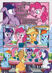 Size: 1920x2715 | Tagged: safe, artist:alexdti, derpibooru import, applejack, fluttershy, pinkie pie, rainbow dash, rarity, twilight sparkle, twilight sparkle (alicorn), alicorn, earth pony, pegasus, pony, unicorn, comic:how we met (italian), the ending of the end, butt, dialogue, donut, food, italian, mane six, plot, speech bubble