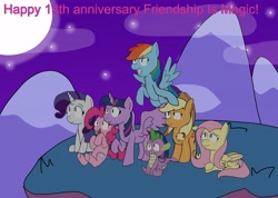 Size: 8500x6050 | Tagged: artist needed, source needed, safe, derpibooru import, applejack, fluttershy, pinkie pie, rainbow dash, rarity, spike, twilight sparkle, twilight sparkle (alicorn), alicorn, dragon, pegasus, pony, unicorn, looking up, mlp fim's thirteenth anniversary, moon, mountain, night, stars, winged spike, wings