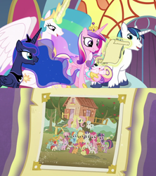 Size: 1000x1126 | Tagged: safe, derpibooru import, edit, edited screencap, editor:incredibubbleirishguy, screencap, apple bloom, applejack, button mash, cheerilee, cotton cloudy, diamond tiara, fluttershy, pinkie pie, pipsqueak, princess cadance, princess celestia, princess flurry heart, princess luna, rainbow dash, rarity, scootaloo, shining armor, silver spoon, snails, snips, spike, sweetie belle, twilight sparkle, twilight sparkle (alicorn), twist, alicorn, dragon, unicorn, crusaders of the lost mark, season 5, season 8, alternate scenario, canterlot throne room, clubhouse, crusaders clubhouse, cutie mark crusaders, female, filly, foal, male, mane seven, mane six, royal sisters, royalty, scroll, siblings, sisters, the cmc's cutie marks, theme song, we'll make our mark