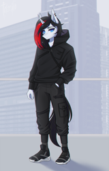 Size: 2725x4250 | Tagged: safe, artist:taleriko, derpibooru import, oc, oc:shadow, anthro, unicorn, clothes, male, solo, techwear