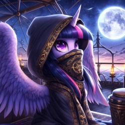 Size: 1024x1024 | Tagged: safe, ai content, derpibooru import, generator:bing image creator, machine learning generated, twilight sparkle, twilight sparkle (alicorn), alicorn, pony, airship, clothes, cloud, deck, female, full moon, high quality ai content, highly detailed, hood, mare, moon, night, night sky, robe, scarf, sky, solo, spread wings, symbol, wings