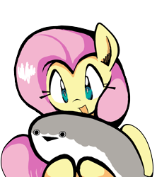 Size: 1757x1978 | Tagged: safe, artist:yidwags, derpibooru import, fluttershy, fish, pegasus, pony, female, happy, holding, looking at something, mare, open mouth, open smile, sacabambaspis, simple background, smiling, solo, transparent background