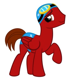 Size: 903x1024 | Tagged: safe, derpibooru import, oc, oc only, pegasus, cap, goggles, hat, raised hoof, raised leg, simple background, smiling, solo, speedo, white background