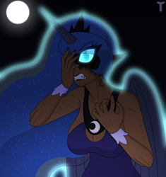 Size: 3200x3400 | Tagged: safe, artist:terton, derpibooru exclusive, derpibooru import, nightmare moon, princess luna, alicorn, human, anniversary, anniversary art, blue dress, blue lipstick, blue nails, clothes, corrupted, crown, dark skin, dress, glowing, glowing eyes, halloween, holding head, holiday, horn, horned humanization, humanized, jewelry, lipstick, makeup, mlp fim's thirteenth anniversary, moon, nail polish, night, regalia, relapse, solo, watermark, winged humanization, wings