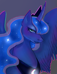 Size: 527x682 | Tagged: safe, artist:keksikaro, derpibooru import, princess luna, alicorn, pony, g4, blue eyes, blue mane, blushing, chromatic aberration, crown, curved horn, cute, digital art, ethereal mane, eyelashes, eyeshadow, feather, female, flowing mane, glowing, glowing horn, gray background, horn, jewelry, lidded eyes, looking at you, makeup, mare, peytral, regalia, simple background, smiling, smiling at you, solo, sparkles, spread wings, starry mane, stars, wings