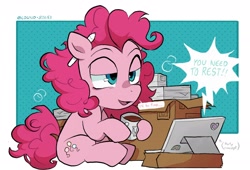 Size: 2200x1500 | Tagged: safe, artist:matterproblem, derpibooru import, pinkie pie, earth pony, pony, computer, laptop computer, lidded eyes, mug, pencil behind ear, solo, tired