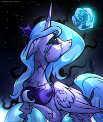 Size: 1689x2000 | Tagged: safe, artist:blueblizzzard, derpibooru import, princess luna, alicorn, pony, g4, blue mane, blue tail, blurry, chest fluff, creepy, crown, dark, darkness, digital art, effects, eyelashes, fanart, feather, female, flowing mane, flowing tail, folded wings, hoof shoes, horn, inspired by another artist, jewelry, link in description, looking up, loony luna, mare, moon, noise, peytral, regalia, sitting, solo, space, stars, tail, tumblr, wings