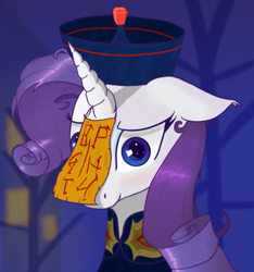 Size: 1780x1905 | Tagged: safe, artist:raritymylove, derpibooru exclusive, derpibooru import, rarity, pony, undead, blushing, clothes, jiangshi, looking at you, solo