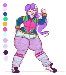 Size: 1067x1218 | Tagged: safe, artist:secretgoombaman12345, derpibooru import, diamond tiara, human, ask chubby diamond, 80's fashion, 80s, chubby, chubby diamond, clothes, eyes closed, fat, fist, hot pants, humanized, pantyhose, ponytail, pose, posing for photo, shoes, sneakers, solo, thighs, thunder thighs, wide hips, zipper