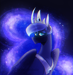 Size: 1570x1613 | Tagged: safe, artist:anomalousjester, derpibooru import, princess luna, alicorn, pony, g4, black background, blue eyes, blue mane, blue tail, chest fluff, crown, curved horn, digital art, ear fluff, ears, ethereal mane, ethereal tail, eyeshadow, feather, female, flowing mane, flowing tail, folded wings, gem, horn, jewelry, looking at you, makeup, mare, night, peytral, regalia, signature, simple background, solo, sparkles, starry mane, starry tail, stars, tail, watermark, wings