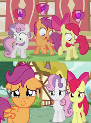 Size: 986x1340 | Tagged: safe, derpibooru import, edit, edited screencap, editor:incredibubbleirishguy, screencap, apple bloom, scootaloo, sweetie belle, crusaders of the lost mark, the fault in our cutie marks, crying, cutie mark crusaders, happy, tears of joy, the cmc's cutie marks