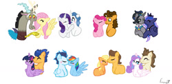 Size: 1280x625 | Tagged: safe, artist:ematvbstar, derpibooru import, applejack, caramel, cheese sandwich, discord, fancypants, flash sentry, fluttershy, king sombra, pinkie pie, pound cake, princess flurry heart, princess luna, rainbow dash, rarity, soarin', twilight sparkle, twilight sparkle (alicorn), alicorn, draconequus, earth pony, pegasus, pony, unicorn, carajack, cheesepie, discoshy, female, flashlight, lumbra, male, mare, older, older flurry heart, older pound cake, poundflurry, raripants, shipping, simple background, soarindash, stallion, straight, white background