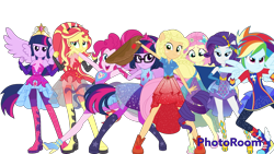 Size: 1280x720 | Tagged: safe, artist:cutler1228, derpibooru import, applejack, fluttershy, pinkie pie, rainbow dash, rarity, sci-twi, sunset shimmer, twilight sparkle, twilight sparkle (alicorn), alicorn, better together, equestria girls, forgotten friendship, alicornified, big crown thingy, element of magic, humane five, humane seven, humane six, jewelry, ponied up, race swap, regalia, scitwilicorn, simple background, transparent background, twolight, wings