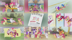 Size: 3000x1689 | Tagged: safe, derpibooru import, screencap, apple bloom, scootaloo, sweetie belle, trouble shoes, twilight sparkle, twilight sparkle (alicorn), alicorn, earth pony, horse, pegasus, pony, unicorn, appleoosa's most wanted, call of the cutie, crusaders of the lost mark, flight to the finish, hearts and hooves day (episode), one bad apple, ponyville confidential, the cutie mark chronicles, the show stoppers, twilight time, apple, bipedal, broom, cape, clothes, cmc cape, cutie mark crusaders, flashback, food, golden oaks library, helmet, newspaper, show stopper outfits, zipline