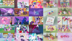Size: 5000x2815 | Tagged: safe, derpibooru import, screencap, apple bloom, applejack, carrot top, cherry berry, discord, fluttershy, golden harvest, linky, pinkie pie, princess cadance, princess celestia, princess luna, rainbow dash, rarity, scootaloo, shining armor, shoeshine, spike, sweetie belle, twilight sparkle, twilight sparkle (alicorn), twinkleshine, unicorn twilight, alicorn, bird, crystal pony, draconequus, dragon, earth pony, pegasus, pony, unicorn, a canterlot wedding, appleoosa's most wanted, boast busters, call of the cutie, crusaders of the lost mark, feeling pinkie keen, flight to the finish, friendship is magic, g4, hearts and hooves day (episode), it's about time, luna eclipsed, magical mystery cure, mmmystery on the friendship express, one bad apple, ponyville confidential, season 1, season 2, season 3, season 4, season 5, the crystal empire, the cutie mark chronicles, the return of harmony, the show stoppers, twilight time, winter wrap up, background pony, big crown thingy, bridesmaid dress, broom, brother and sister, bubble pipe, cape, celestia's ballad, chaos, clothes, cmc cape, comparison, crystallized, cutie mark crusaders, deerstalker, discorded landscape, dress, element of generosity, element of honesty, element of kindness, element of laughter, element of loyalty, element of magic, elements of harmony, female, filly, filly twilight sparkle, foal, future twilight, gala dress, glowing, glowing eyes, golden oaks library, hat, helmet, jewelry, male, mane six, pipe, princess celestia's special princess making dimension, regalia, royal guard, sherlock sparkle, show stopper outfits, siblings, snow, star swirl the bearded costume, the cmc's cutie marks, umbrella hat, wall of tags, we'll make our mark, white eyes, young cadance, younger, zipline