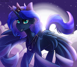 Size: 1280x1116 | Tagged: safe, artist:danyyuris, derpibooru import, princess luna, alicorn, pony, g4, blue eyes, blue mane, blue tail, cloud, crown, cute, digital art, ethereal mane, ethereal tail, feather, female, flowing mane, flowing tail, flying, happy, horn, jewelry, mare, moon, moonlight, night, night sky, peytral, regalia, signature, sky, smiling, solo, sparkles, spread wings, stars, tail, teeth, wings
