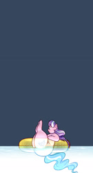 Size: 1039x1920 | Tagged: safe, artist:secretgoombaman12345, derpibooru import, diamond tiara, earth pony, pony, ask chubby diamond, butt, chubby diamond, diamond buttiara, fat, female, filly, floaty, foal, inner tube, obese, ocean, plot, pool toy, solo, stuck, the ass was fat, water