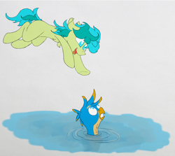 Size: 5000x4455 | Tagged: safe, artist:pzkratzer, derpibooru import, gallus, sandbar, griffon, pony, colored sketch, duo, gallbar, gay, jumping, male, shipping, sketch, submerged, swimming, this will end in tears