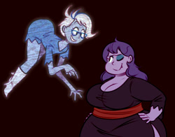 Size: 1280x1006 | Tagged: safe, alternate version, artist:secretgoombaman12345, derpibooru import, diamond tiara, silver spoon, ghost, human, undead, vampire, ask chubby diamond, belt, big breasts, boots, breasts, brown background, butt, chubby, chubby diamond, clothes, costume, dress, duo, fat, female, flying, glowing, halloween, halloween costume, hand on hip, holiday, humanized, large butt, looking at each other, looking at someone, one eye closed, shoes, simple background, thighs, thunder thighs, vampire costume, wide hips, wink