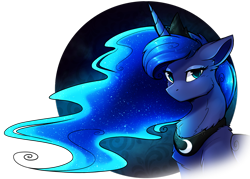 Size: 1746x1252 | Tagged: safe, artist:greenstorm64, derpibooru import, princess luna, alicorn, pony, g4, abstract background, blue eyes, blue mane, chest fluff, commission, crown, digital art, ethereal mane, eyelashes, eyeshadow, female, flowing mane, glowing mane, horn, jewelry, looking at you, makeup, mare, night, peytral, regalia, solo, starry mane, stars