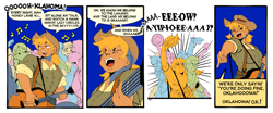 Size: 1949x807 | Tagged: safe, artist:bixels, derpibooru import, applejack, human, 1920s au, 4 panel comic, comic, cowboy hat, guitar, hat, humanized, music notes, musical, musical instrument, oklahoma! (musical), singing, tan skin