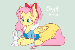 Size: 2048x1365 | Tagged: safe, artist:mscolorsplash, derpibooru import, fluttershy, pegasus, pony, rabbit, alternate hairstyle, animal, bow, clothes, cosplay, costume, cute, female, green background, hair bow, halloween, halloween costume, lying down, mare, ponytober, prone, shyabetes, simple background, smiling, snow white, solo