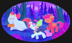 Size: 1712x1017 | Tagged: safe, artist:shgrcube, derpibooru import, apple bloom, scootaloo, sweetie belle, demon, earth pony, ghost, pegasus, pony, undead, unicorn, broom, clothes, costume, cutie mark crusaders, female, filly, foal, forest, hat, hoof hold, mouth hold, nightmare night, nightmare night costume, pumpkin bucket, trident, wizard hat