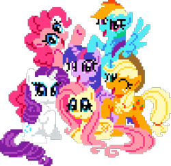 Size: 980x950 | Tagged: safe, artist:candy meow, derpibooru exclusive, derpibooru import, applejack, fluttershy, pinkie pie, rainbow dash, rarity, twilight sparkle, alicorn, earth pony, pegasus, pony, unicorn, female, looking at you, mane six, mane six opening poses, mare, mlp fim's thirteenth anniversary, pixel art, simple background, smiling, transparent background