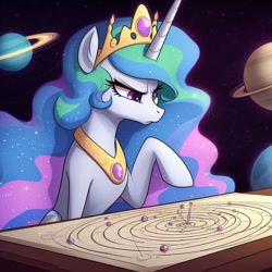 Size: 1024x1024 | Tagged: safe, ai content, derpibooru import, editor:lostbrony, machine learning generated, princess celestia, pony, angry, female, heliocentric theory, heresy, jewelry, map, mare, medium detailed, medium quality ai content, planet, regalia, scowl, solar system, solo, wingless