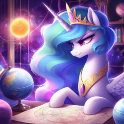 Size: 1024x1024 | Tagged: safe, ai content, derpibooru import, editor:lostbrony, machine learning generated, princess celestia, alicorn, pony, angry, book, bookshelf, cute, cutelestia, globe, heliocentric theory, high quality ai content, jewelry, madorable, regalia, scowl, solo, sun