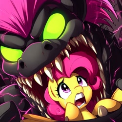 Size: 1024x1024 | Tagged: safe, ai content, derpibooru import, generator:dall-e 3, machine learning generated, pegasus, pony, female, imminent vore, mare, monster, prompter:nebbie, scared, sharp teeth, teeth, this will end in death, this will end in tears, this will end in tears and/or death