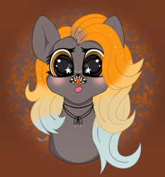 Size: 1982x2129 | Tagged: safe, artist:mistyquest, derpibooru import, oc, oc only, oc:golden hour, insect, moth, pegasus, pony, g4, autumn, blue mane, blushing, brown background, brown eyes, bust, curious, curly hair, curly mane, cute, eyelashes, eyes open, female, food, front view, gradient eyes, gradient mane, gray coat, gray fur, happy, inktober, inktober 2023, jewelry, looking at you, looking down, multicolored hair, multicolored mane, necklace, open mouth, orange, orange mane, photo, simple background, solo, sparkles, surprised, symmetrical, wavy hair, wavy mane, wide eyes, yellow mane