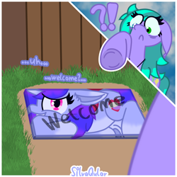 Size: 4000x4000 | Tagged: safe, artist:silvaqular, derpibooru import, oc, oc:cyanette, oc:qular, earth pony, object pony, pony, unicorn, awkward moment, awkward smile, confused, door, doormat, flattened, gradient hair, gradient mane, grass, ground, ponified, shocked, shocked expression, shocked eyes, smiling, species swap