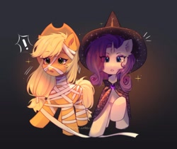 Size: 2048x1718 | Tagged: safe, artist:tyutya, derpibooru import, applejack, rarity, earth pony, pony, unicorn, g4, applejack's hat, clothes, costume, cowboy hat, duo, duo female, ear fluff, ears, exclamation point, eye clipping through hair, eyebrows, eyebrows visible through hair, female, freckles, halloween, halloween costume, hat, holiday, horn, mare, open mouth, raised hoof, raised leg, signature, sparkles