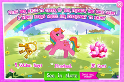 Size: 1965x1298 | Tagged: safe, derpibooru import, idw, pinwheel, pony, unicorn, g1, g4, advertisement, bow, costs real money, english, female, gameloft, gem, horn, idw showified, key, mare, mobile game, my little pony: magic princess, numbers, official, sale, solo, tail, tail bow, text