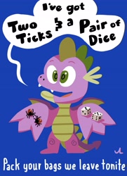 Size: 2966x4096 | Tagged: safe, artist:docwario, derpibooru import, spike, dragon, spider, blue background, dice, eddie money, mondegreen, open mouth, ponytober, ponytober 2023, simple background, song reference, speech bubble, talking to viewer, winged spike, wings