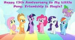 Size: 827x448 | Tagged: safe, artist:shieldwingarmorofgod, derpibooru import, edit, edited screencap, screencap, applejack, fluttershy, pinkie pie, rainbow dash, rarity, spike, twilight sparkle, twilight sparkle (alicorn), alicorn, dragon, earth pony, pegasus, unicorn, all bottled up, female, male, mane seven, mane six, mlp fim's thirteenth anniversary, time paradox, winged spike, wings