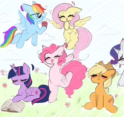 Size: 2700x2560 | Tagged: safe, artist:arwencuack, derpibooru import, applejack, fluttershy, pinkie pie, rainbow dash, rarity, twilight sparkle, twilight sparkle (alicorn), alicorn, earth pony, pegasus, pony, unicorn, g4, :p, :t, applejack's hat, blushing, book, clothes, cloud, cowboy hat, cute, dashabetes, diapinkes, eyebrows, eyes closed, female, flower, flying, folded wings, grass, group, hat, high res, horn, jackabetes, lying down, mane six, mare, mlp fim's thirteenth anniversary, open mouth, open smile, prone, raribetes, reading, sextet, shyabetes, sitting, smiling, spread wings, sunglasses, tongue, tongue out, twiabetes, wings