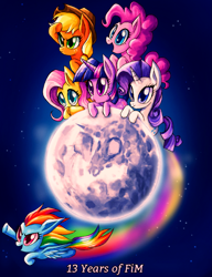 Size: 1551x2019 | Tagged: safe, derpibooru import, applejack, fluttershy, pinkie pie, rainbow dash, rarity, twilight sparkle, unicorn twilight, earth pony, pegasus, pony, unicorn, cowboy hat, flying, hat, mane six, moon