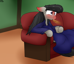 Size: 2934x2520 | Tagged: safe, artist:the-furry-railfan, derpibooru import, octavia melody, earth pony, blanket, drink, drinking, missing accessory, mug, sick, sofa, spit take